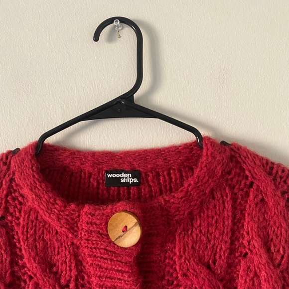 Wooden Ships Red Mohair Wool Blend Wooden Button Cable Knit Cardigan size S - Picture 4 of 8